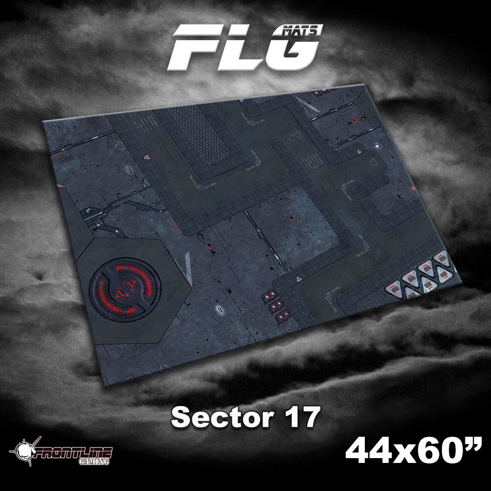 A dark gray gaming mat shown at an angle, printed with a futuristic industrial floor plan, panel lines, and small red and white details. The graphic includes “FLG,” “Sector 17,” and “44x60” against a smoky black background.