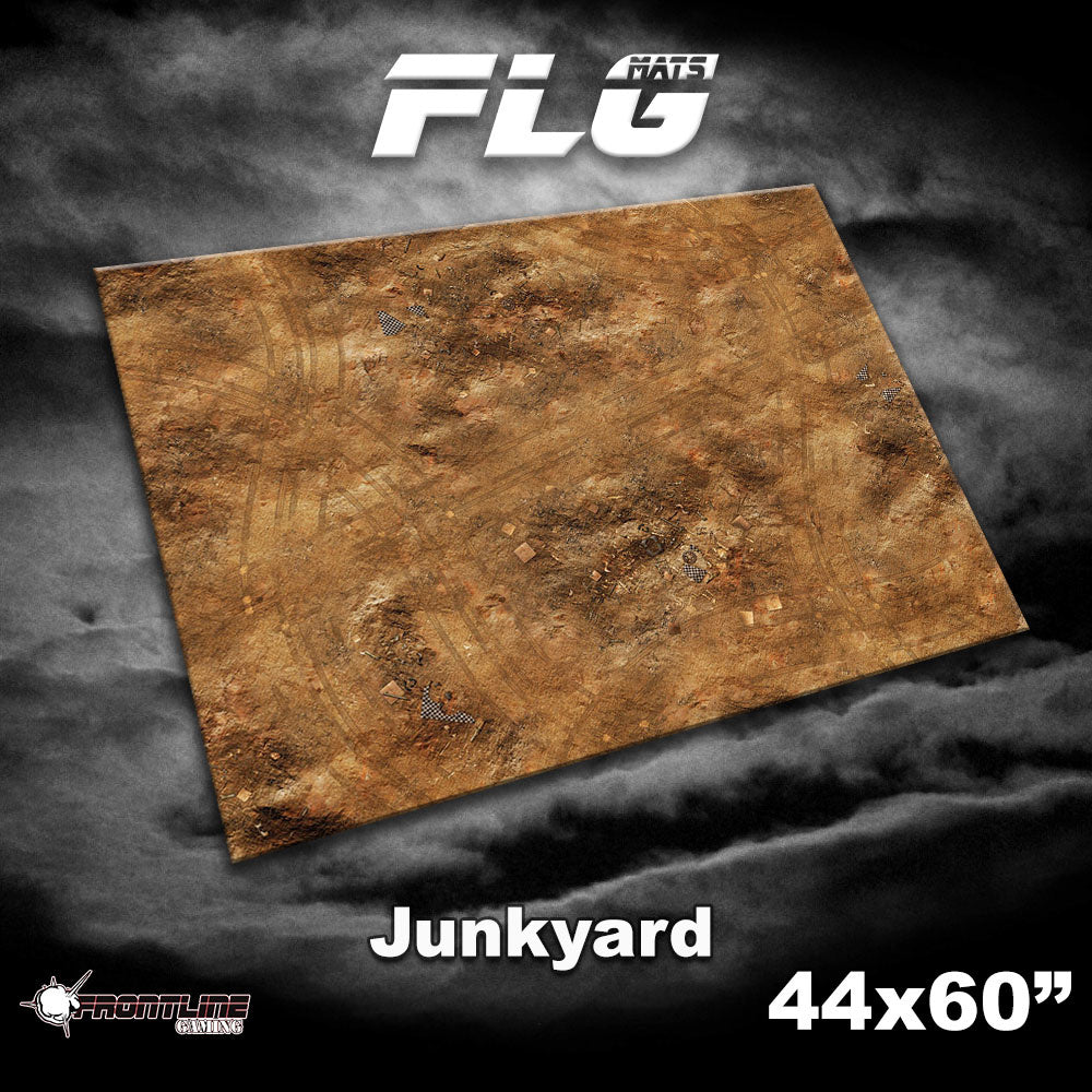 Rectangular gaming mat shown at an angle, printed with a mottled rust-brown junkyard terrain pattern of scattered debris and dark patches. The image reads “FLG,” “Junkyard,” and “44x60”,” with a small Frontline Gaming logo.