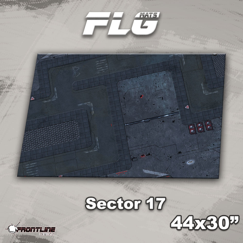 A dark blue-gray rectangular gaming mat printed with a sci-fi industrial floor plan, hex-patterned sections, panel lines and small red details. The graphic is labeled “Sector 17” and “44x30””, with “FLG MATS” above and a Frontline Gaming logo below.