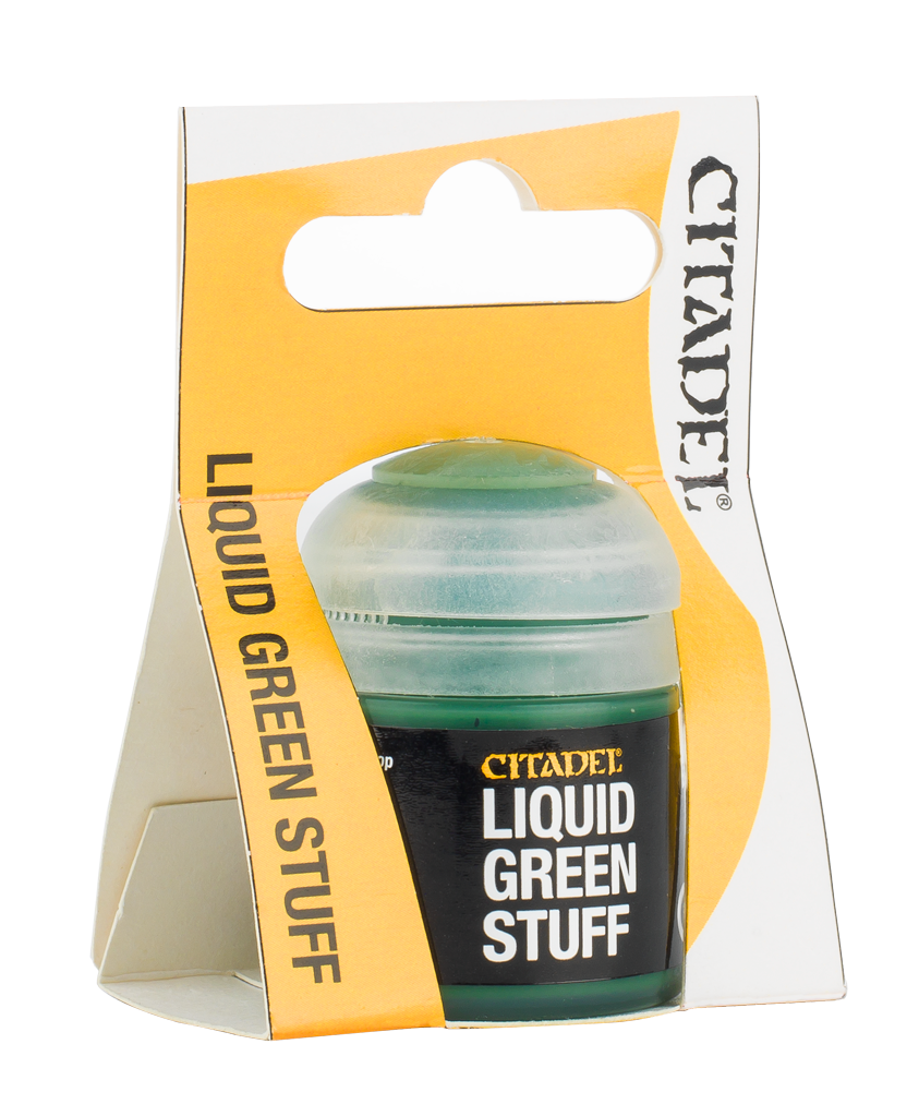 A small translucent green-tinted bottle of modeling putty sits in a white-and-yellow display package. The black bottle label reads “CITADEL” and “LIQUID GREEN STUFF,” with “LIQUID GREEN STUFF” printed vertically on the yellow package panel.