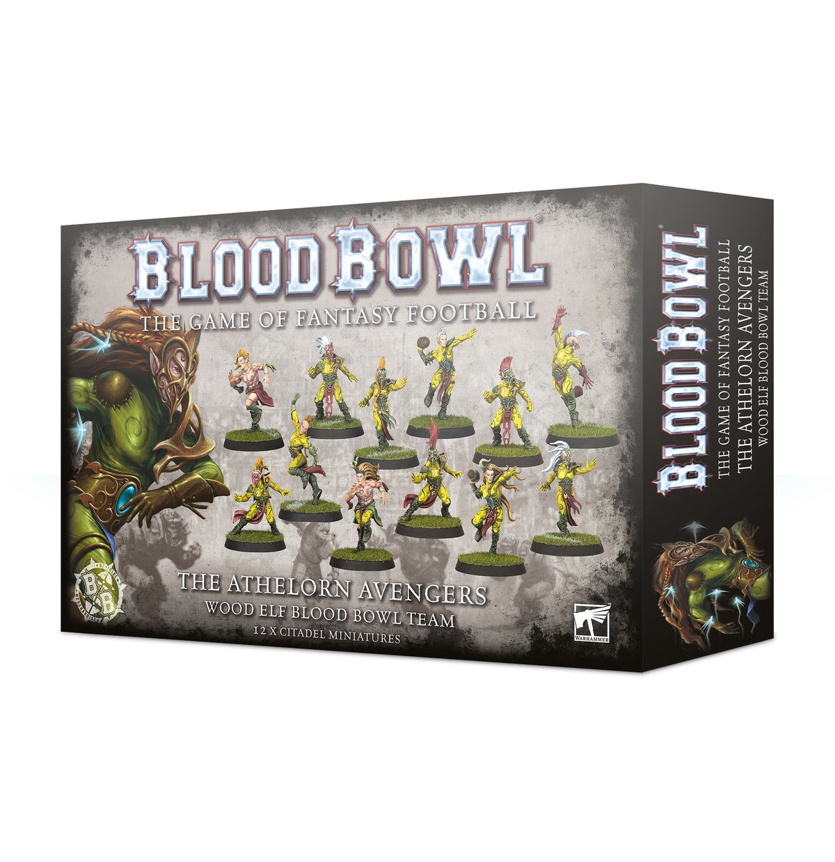 Angled view of a Blood Bowl miniatures box, with a gray illustrated front showing elf football players in yellow, green and red uniforms and a green creature at left; the dark side panel repeats the artwork. Text reads “BLOOD BOWL” and “THE ATHELORN AVENGERS.”