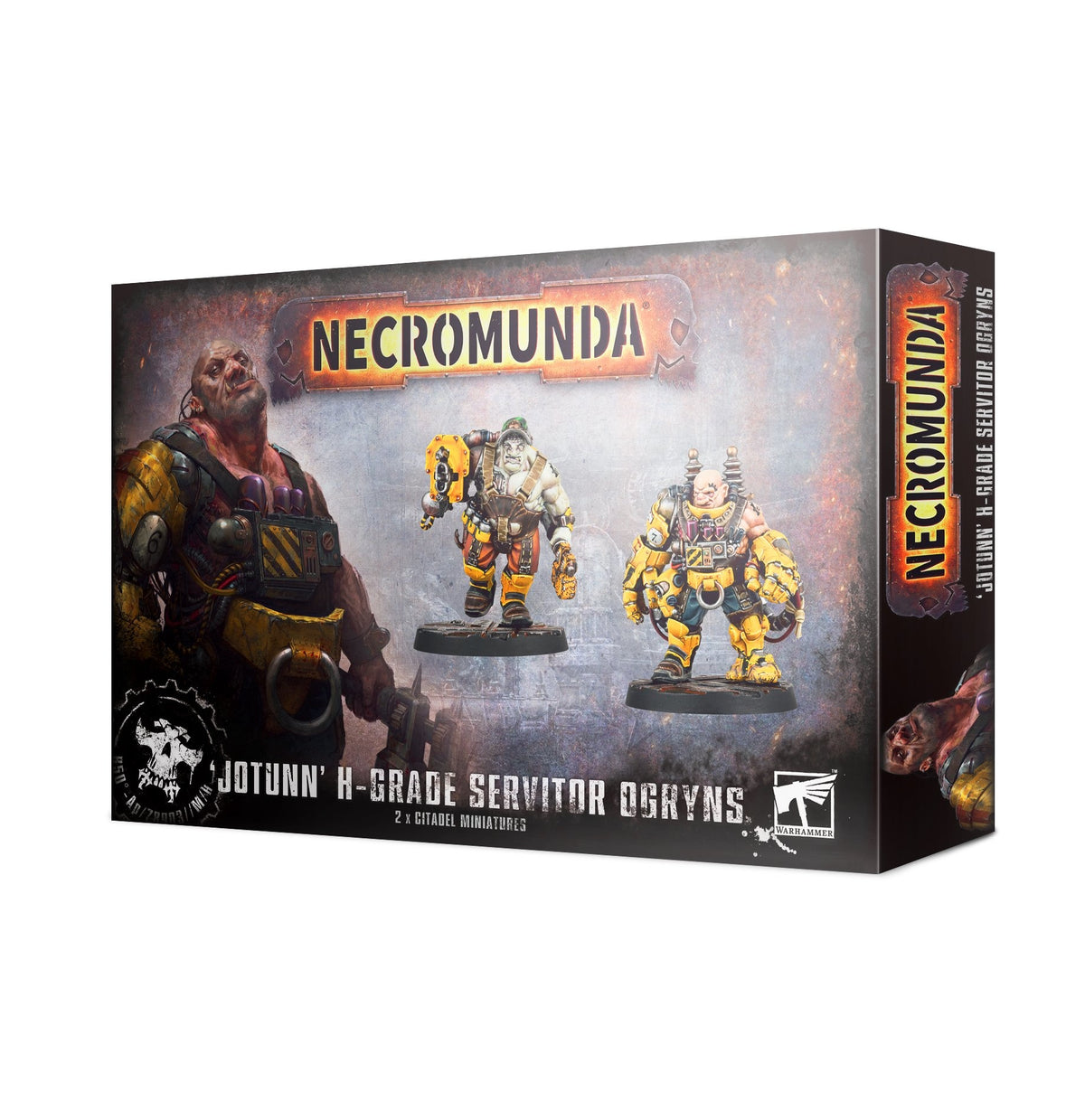 Necromunda miniature set box shown from the front and right side, with artwork of two bulky yellow-armored figures and a larger figure on the front. The box reads “NECROMUNDA” and “JOTUNN’ H-GRADE SERVITOR OGRYNS.”
