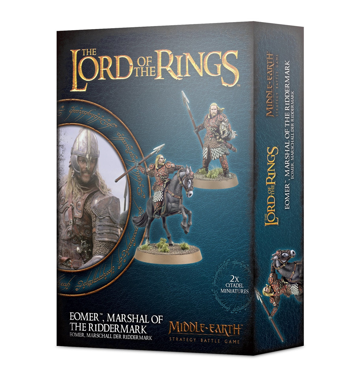 Dark teal miniature kit box with gold detailing, showing Éomer on horseback and on foot, plus a helmeted character portrait. The front reads “THE LORD OF THE RINGS,” “EOMER, MARSHAL OF THE RIDDERMARK” and “2x CITADEL MINIATURES”; the right side repeats the title.