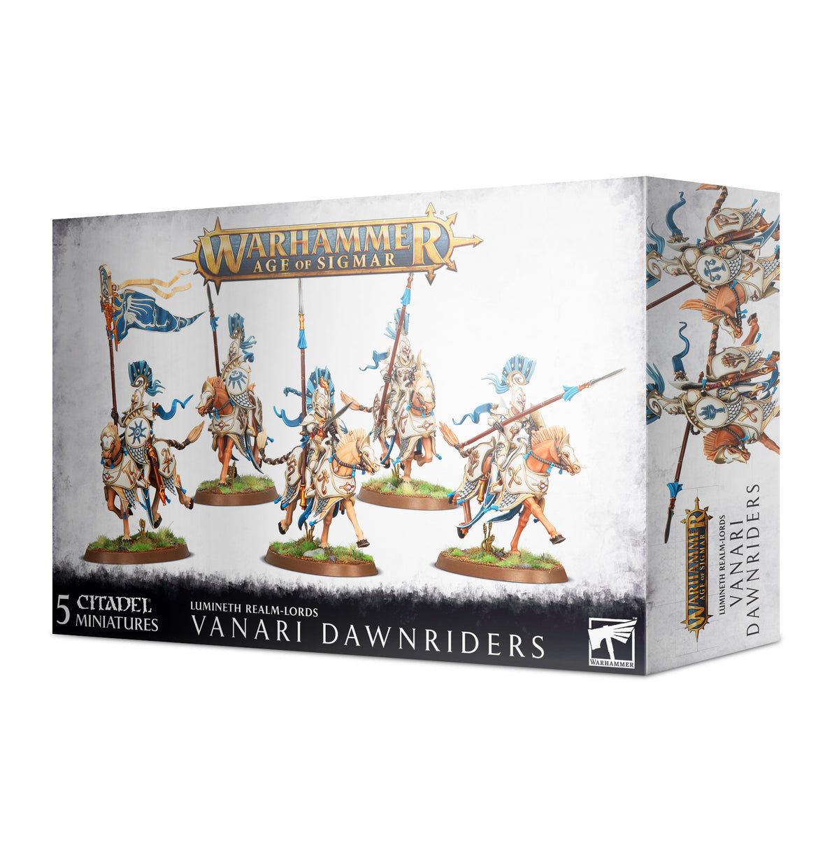 Box of “Vanari Dawnriders” miniatures, shown from the front and right side. The front depicts five ornate armored riders on orange horses with blue-and-white details; text reads “WARHAMMER AGE OF SIGMAR” and “5 CITADEL MINIATURES.”