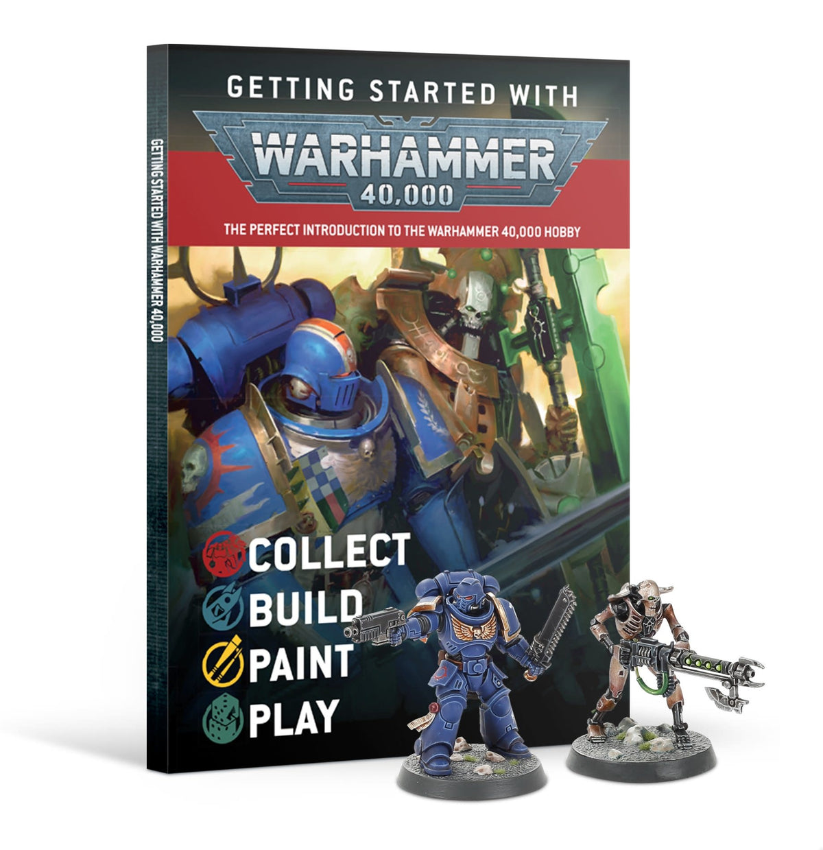 Warhammer 40,000 introductory magazine standing upright, with cover art of armored sci-fi warriors and the words “GETTING STARTED WITH” and “WARHAMMER 40,000.” A blue-armored figure and a skeletal-looking figure holding a long weapon stand in front; “COLLECT BUILD PAINT PLAY” appears on the cover.