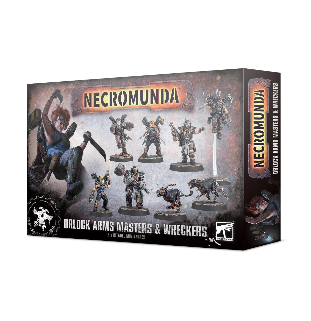 Necromunda miniatures game box shown from the front and right side, with artwork of armored figures and two mechanical hounds. The front reads “NECROMUNDA” and “ORLOCK ARMS MASTERS & WRECKERS” against a weathered gray and rust-colored background.