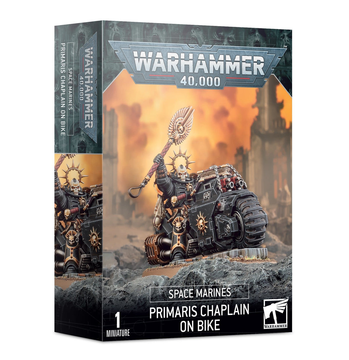 Box for a Space Marines Primaris Chaplain on Bike miniature, with front artwork of a skull-helmeted rider in black and gold armor raising a staff on a rugged bike against fiery ruins. The narrow side repeats the artwork; text reads “WARHAMMER 40,000” and “PRIMARIS CHAPLAIN ON BIKE.”