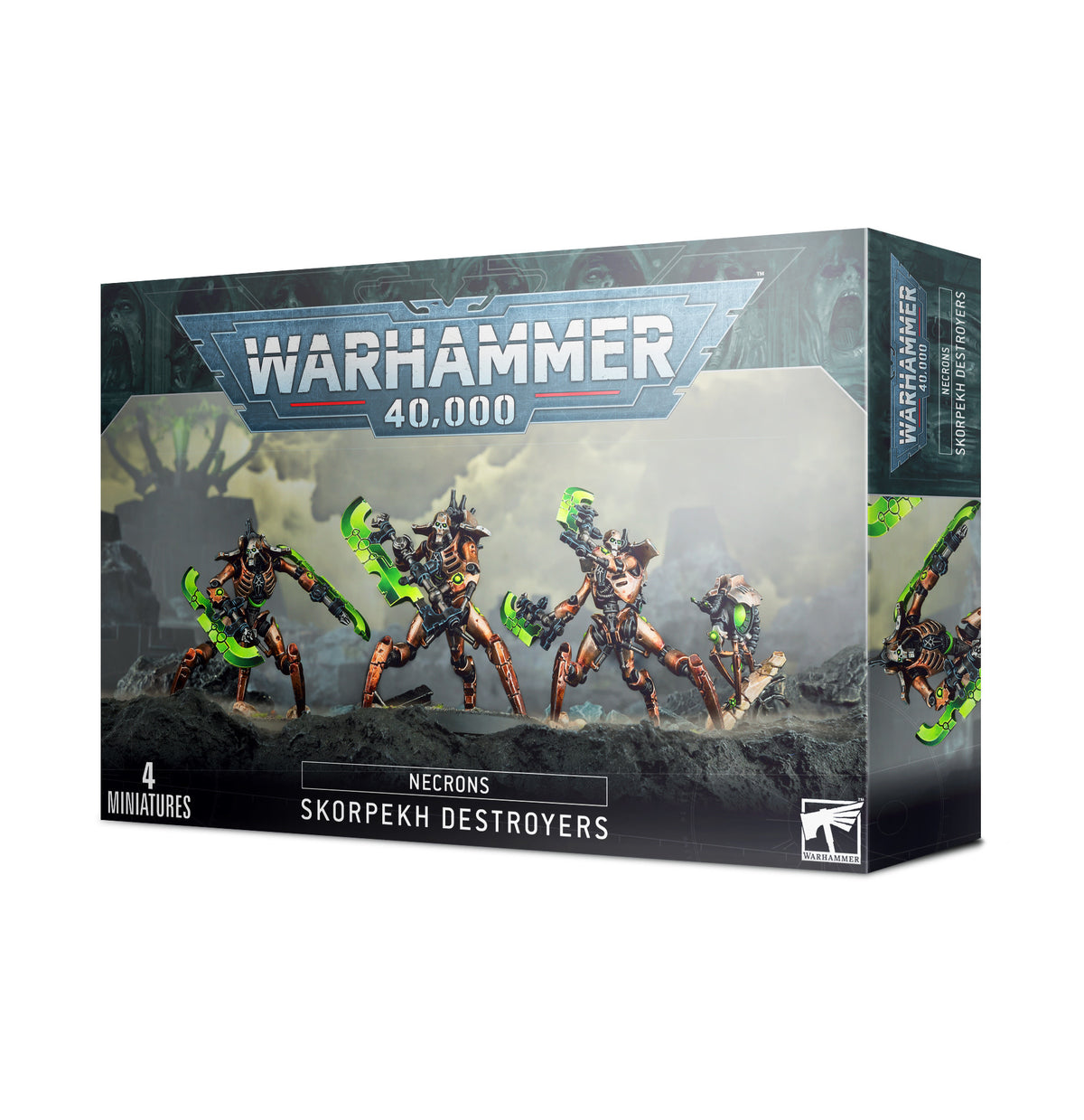 A Warhammer 40,000 Skorpekh Destroyers miniature box shown from the front and right side. Its dark teal and black packaging features four metallic, orange-accented figures with bright green weapons; the front reads “WARHAMMER 40,000,” “NECRONS,” “SKORPEKH DESTROYERS” and “4 MINIATURES.”