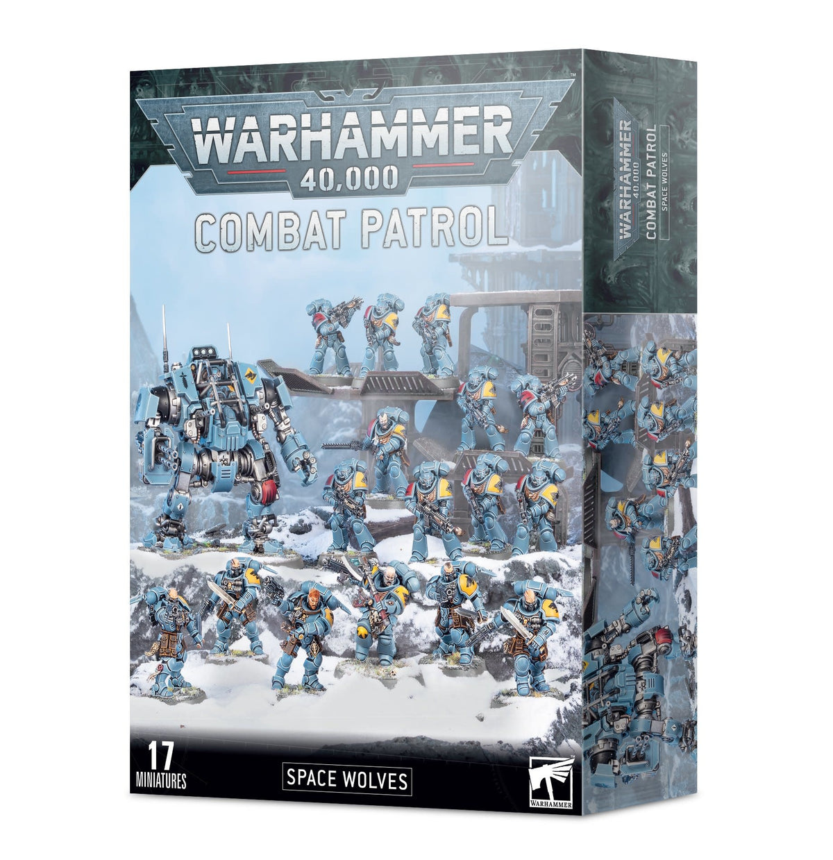 Box for a Space Wolves: Combat Patrol miniature set, shown from the front and right side. The artwork depicts blue-armored soldiers and a large walker in a snowy scene; the front reads “WARHAMMER 40,000,” “COMBAT PATROL,” and “SPACE WOLVES.”