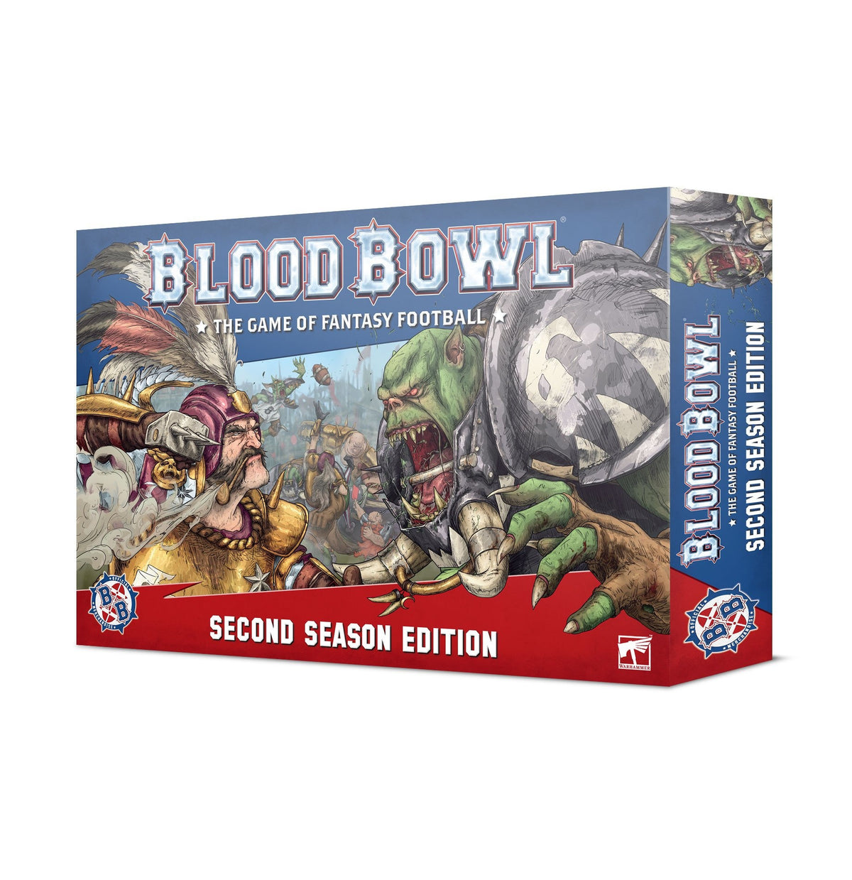 Blood Bowl: Second Season Edition board game box shown from the front and right side, with blue and red panels and fantasy football artwork of an armored player facing a large green tusked creature. The front reads “BLOOD BOWL” and “SECOND SEASON EDITION.”