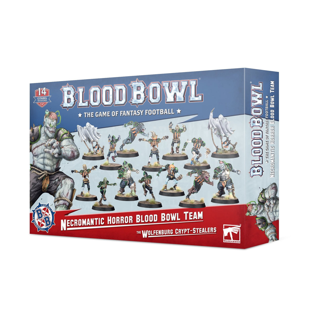Blood Bowl: Necromantic Horror Team game box shown from the front and right side, with artwork of fantasy football miniatures and monster characters. The blue, gray, and red box prominently reads “BLOOD BOWL” and “NECROMANTIC HORROR BLOOD BOWL TEAM.”