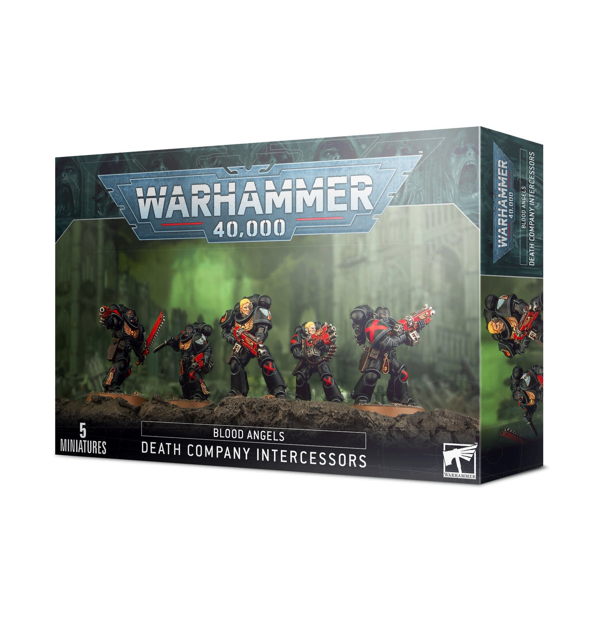 Boxed Warhammer miniature set shown from the front and right side, with artwork of five black-armored soldiers marked in red. The box reads “WARHAMMER 40,000,” “BLOOD ANGELS,” “DEATH COMPANY INTERCESSORS” and “5 MINIATURES.”