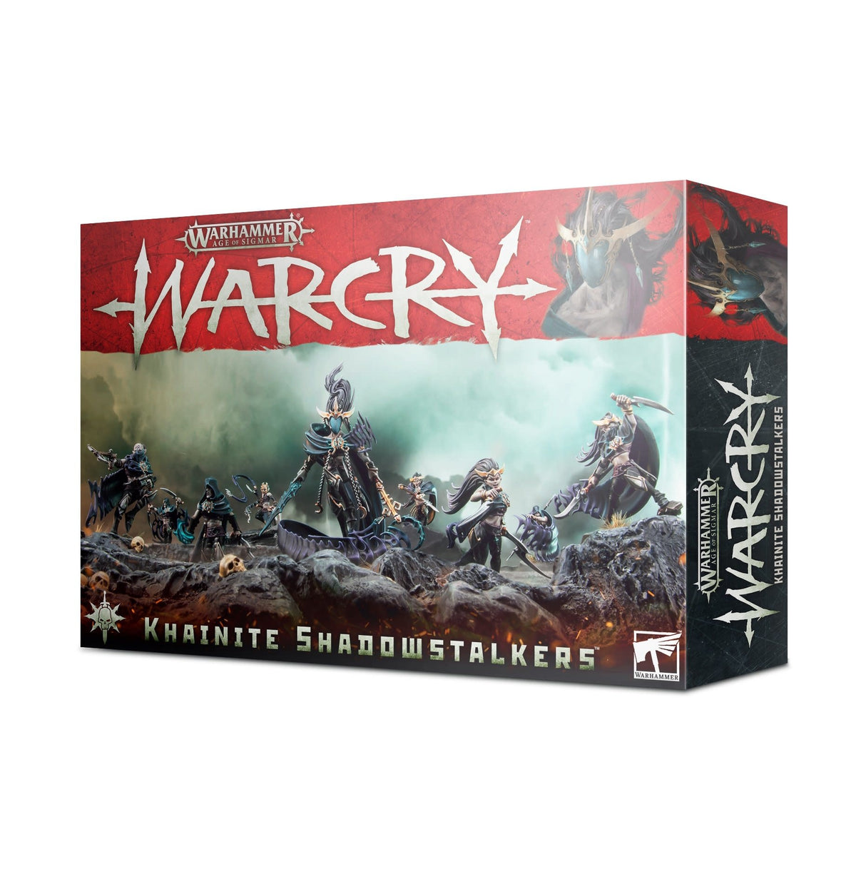 Warcry: Khainite Shadowstalkers game box shown at an angle, with a red and black design and fantasy warriors among rocky terrain on the front; the side repeats the artwork. Prominent text reads “WARCRY” and “KHAINITE SHADOWSTALKERS.”