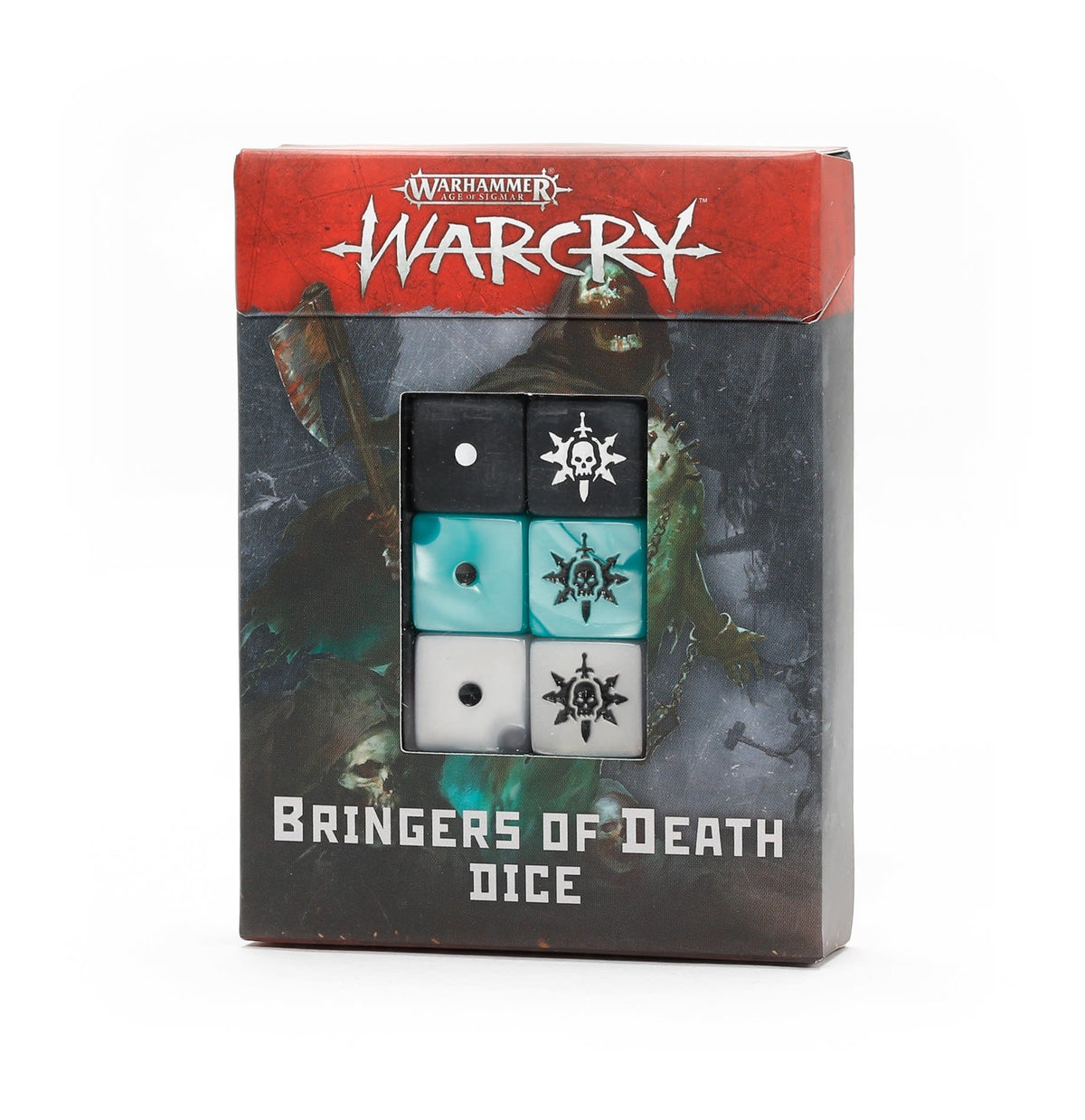 Boxed Warcry dice set with six dice visible in two columns: black, turquoise and white faces show pips or dark skull-and-star icons. The red-and-gray package reads “WARHAMMER AGE OF SIGMAR,” “WARCRY” and “BRINGERS OF DEATH DICE.”