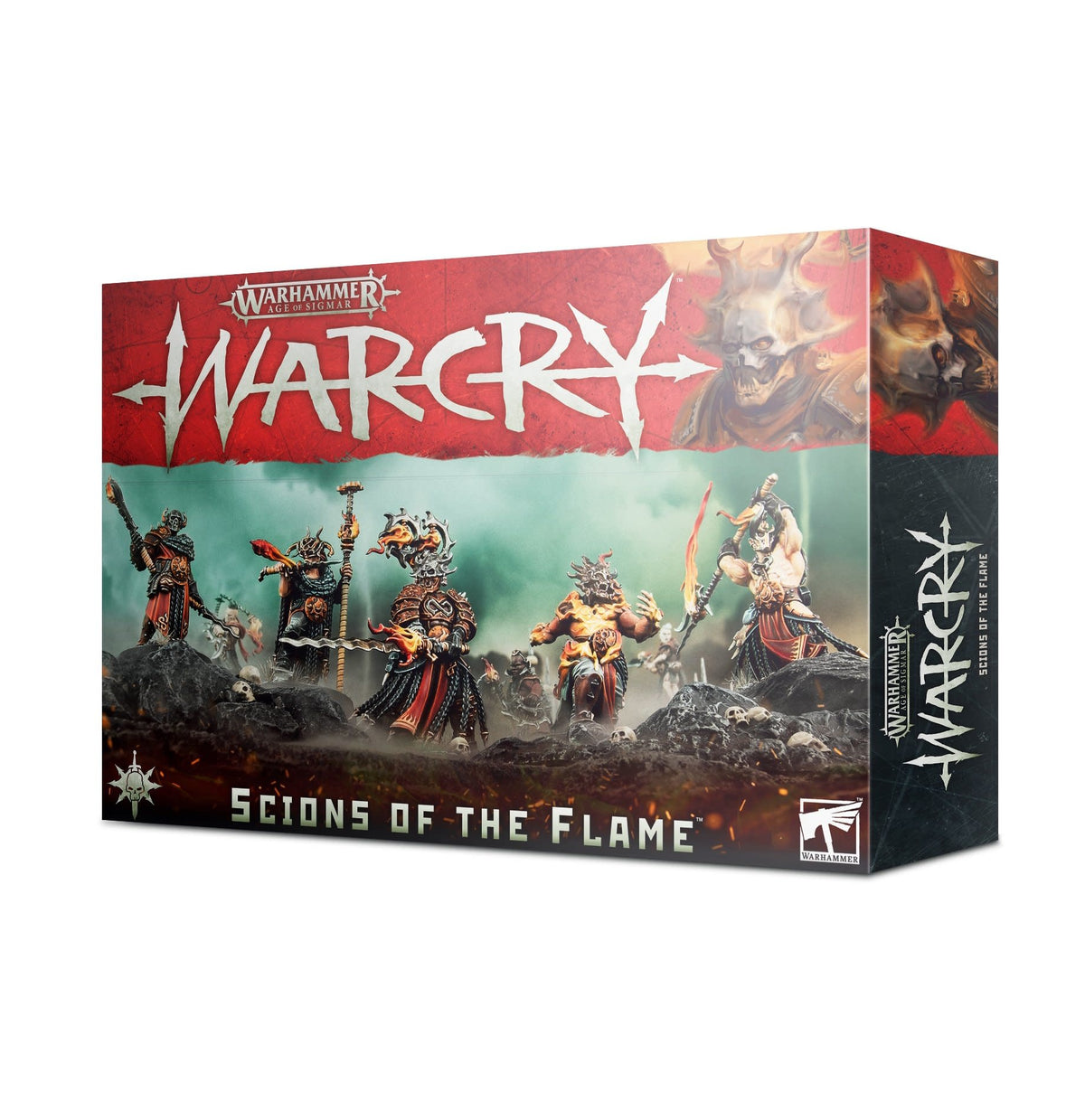 Angled box for Warcry: Scions of the Flame, with fantasy warriors in dark armor and fiery accents across a smoky teal and red scene. The red front reads “WARCRY” and “SCIONS OF THE FLAME”; the dark side panel repeats the title.