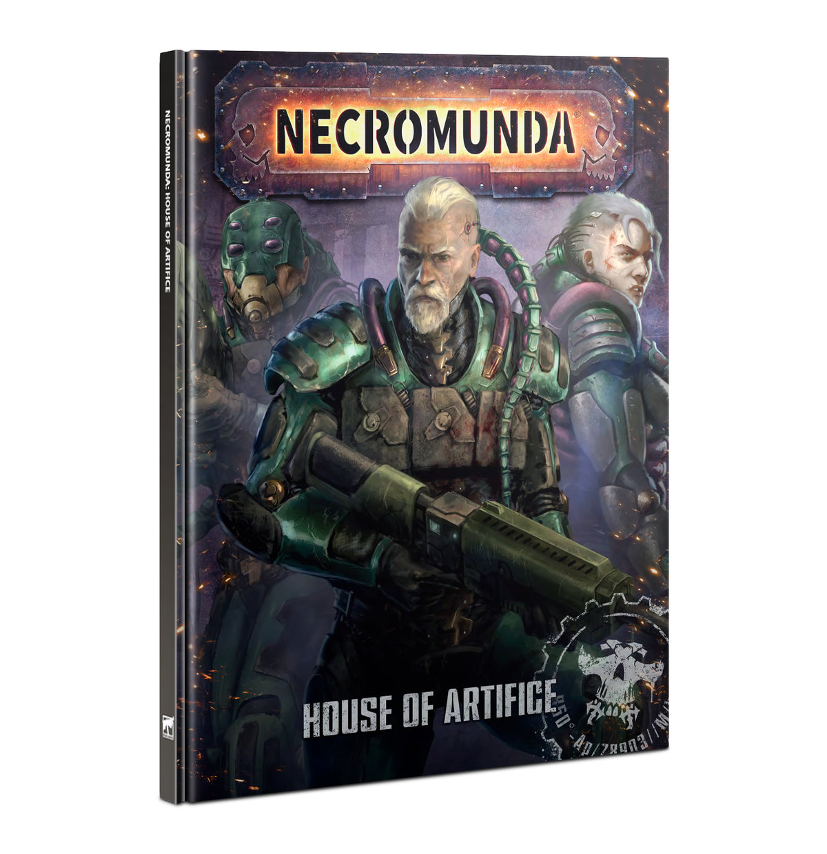 A hardback Necromunda expansion book shown at an angle, with a dark sci-fi cover depicting three armored figures and a large green gun held by the white-haired central figure. The cover reads “NECROMUNDA” and “HOUSE OF ARTIFICE.”