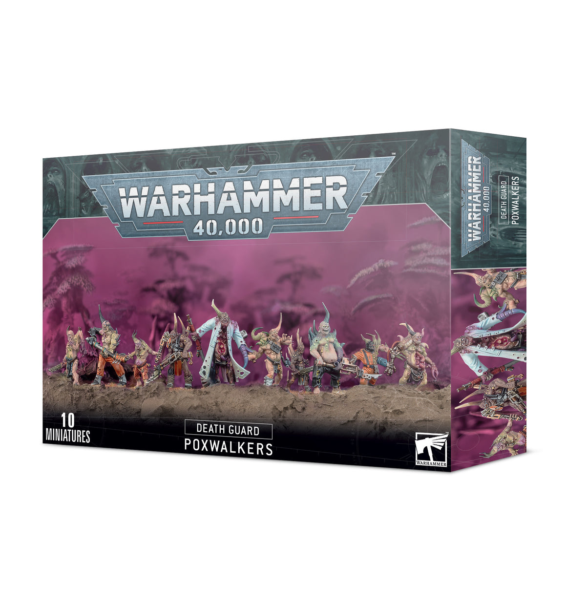 A Warhammer 40,000 Death Guard: Poxwalkers miniature box shown from the front and right side. The front has a row of armored, mutated figures against a purple background and the text “WARHAMMER 40,000,” “DEATH GUARD,” “POXWALKERS,” and “10 MINIATURES.”