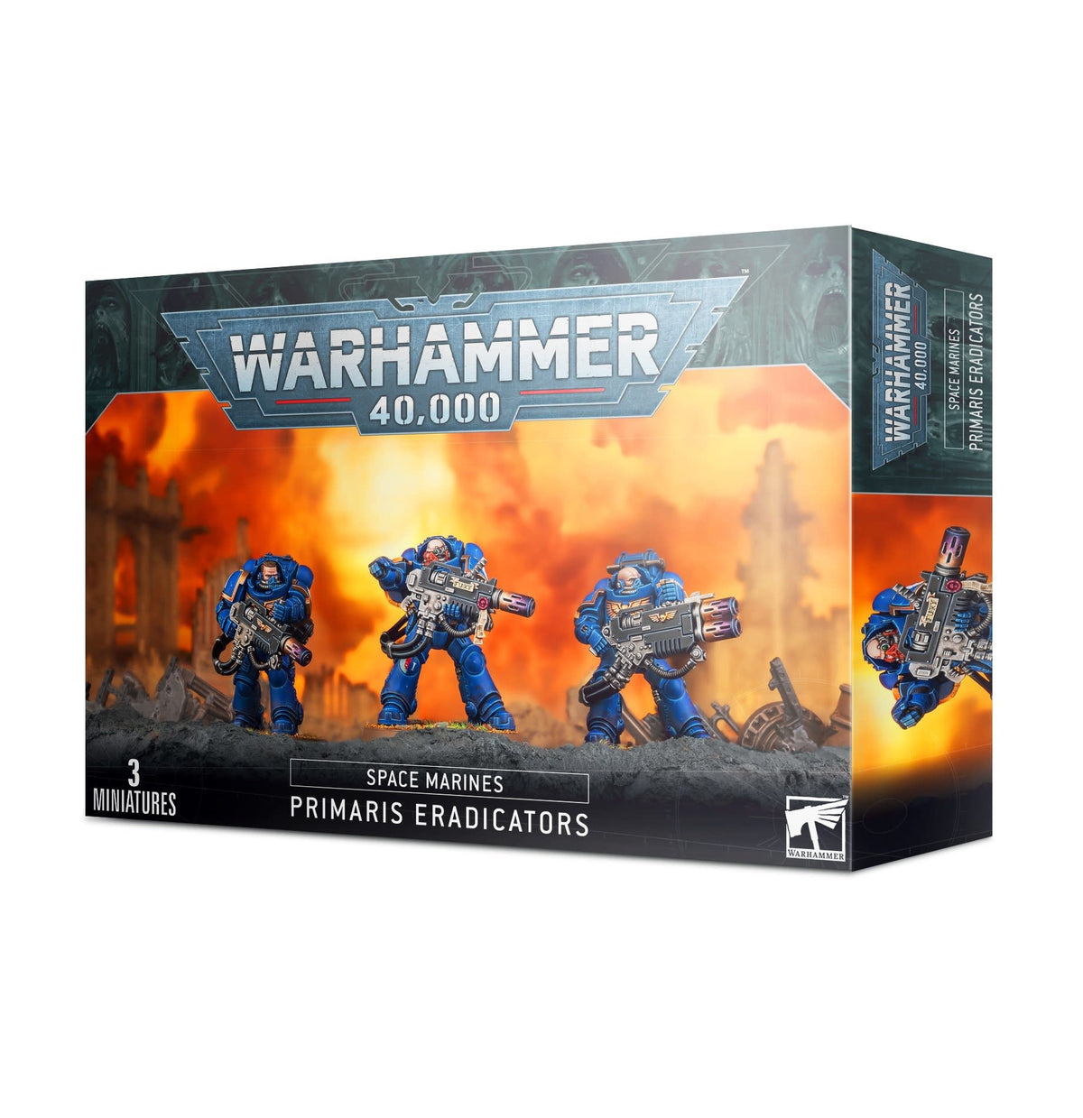 A Warhammer 40,000 Space Marines: Primaris Eradicators miniature set box, shown from the front and right side. The front depicts three blue-armored figures against an orange battlefield and reads “WARHAMMER 40,000,” “SPACE MARINES,” “PRIMARIS ERADICATORS,” and “3 MINIATURES.”