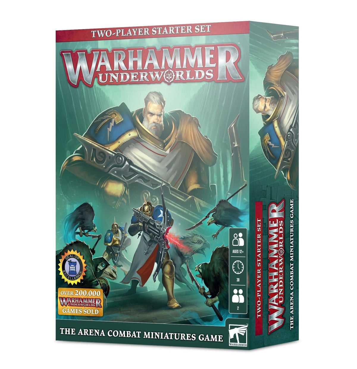 Box front and right side for a Warhammer Underworlds starter set, with teal fantasy artwork of armored warriors battling shadowy creatures. The front reads “TWO-PLAYER STARTER SET,” “WARHAMMER UNDERWORLDS,” and “THE ARENA COMBAT MINIATURES GAME”; the side repeats the game logo.