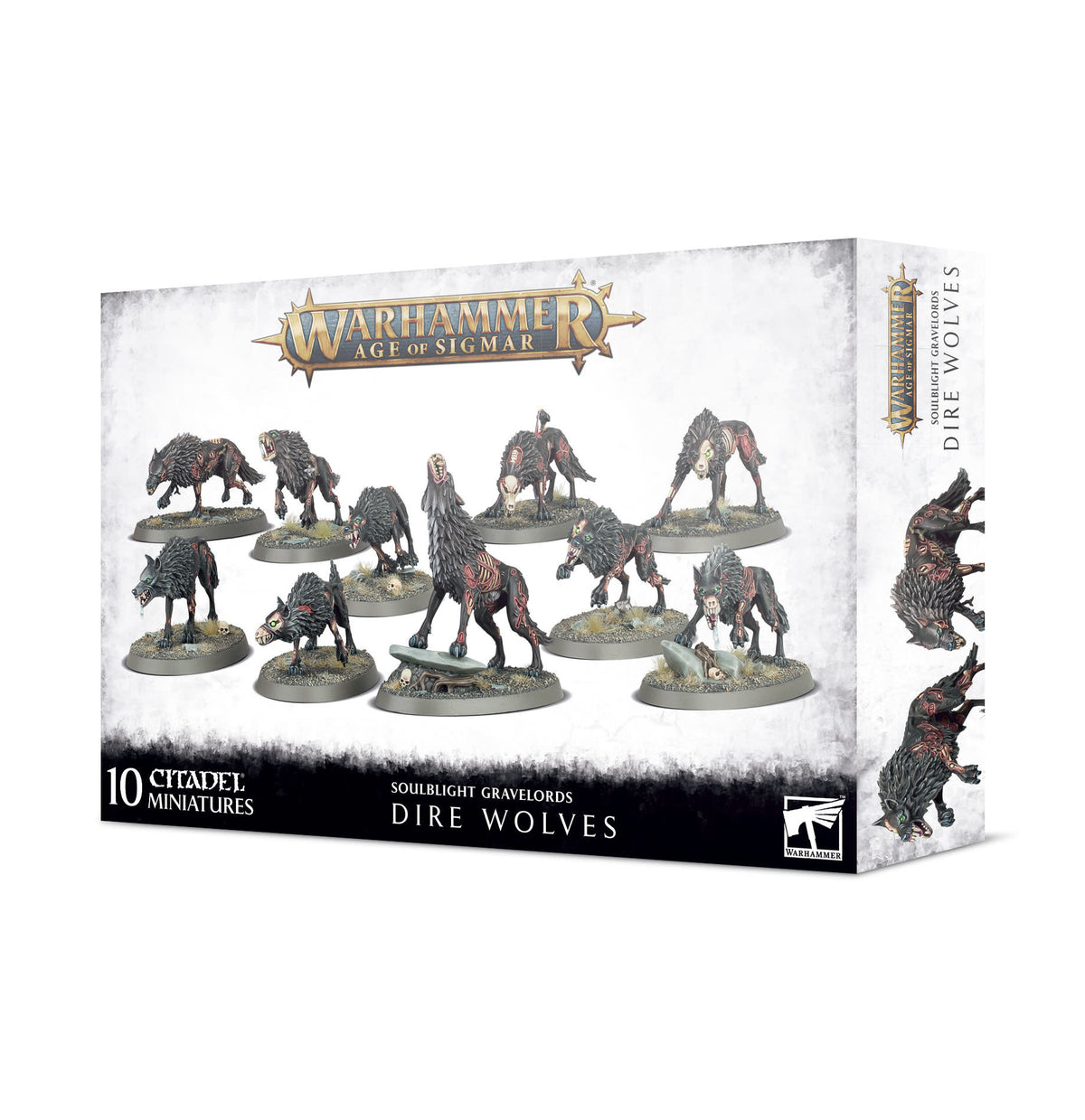 A white and gray Warhammer: Age of Sigmar Dire Wolves box shows ten dark, snarling wolf miniatures on round bases across the front, with wolf artwork on the side. The box reads “WARHAMMER AGE OF SIGMAR,” “10 CITADEL MINIATURES,” and “SOULBLIGHT GRAVELORDS DIRE WOLVES.”