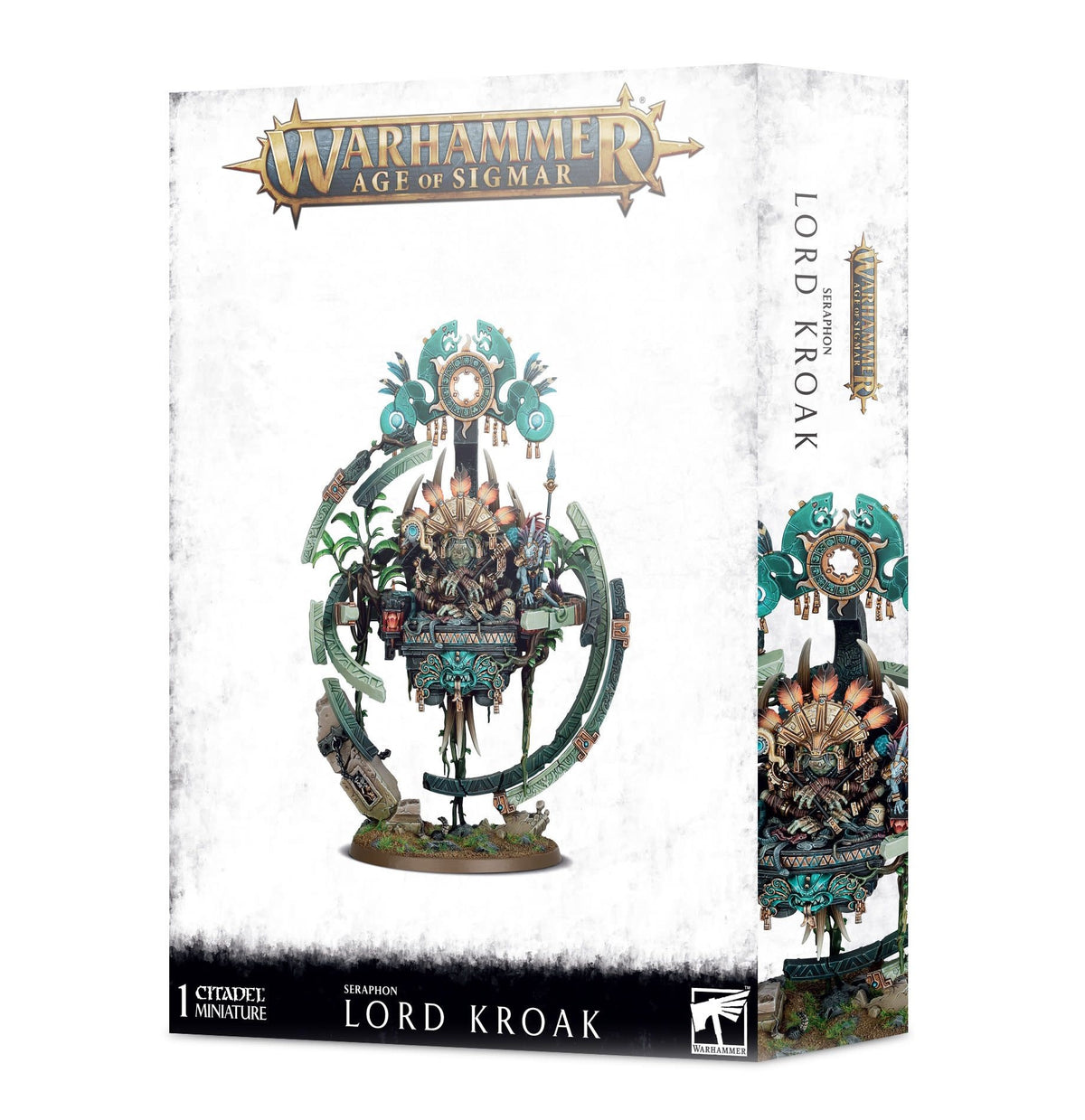 White Warhammer: Age of Sigmar box showing Lord Kroak, an ornate turquoise, bronze and gold fantasy miniature seated within a large circular frame above a rocky base. The front reads “WARHAMMER AGE OF SIGMAR” and “LORD KROAK”; the right side shows a cropped repeat of the artwork.