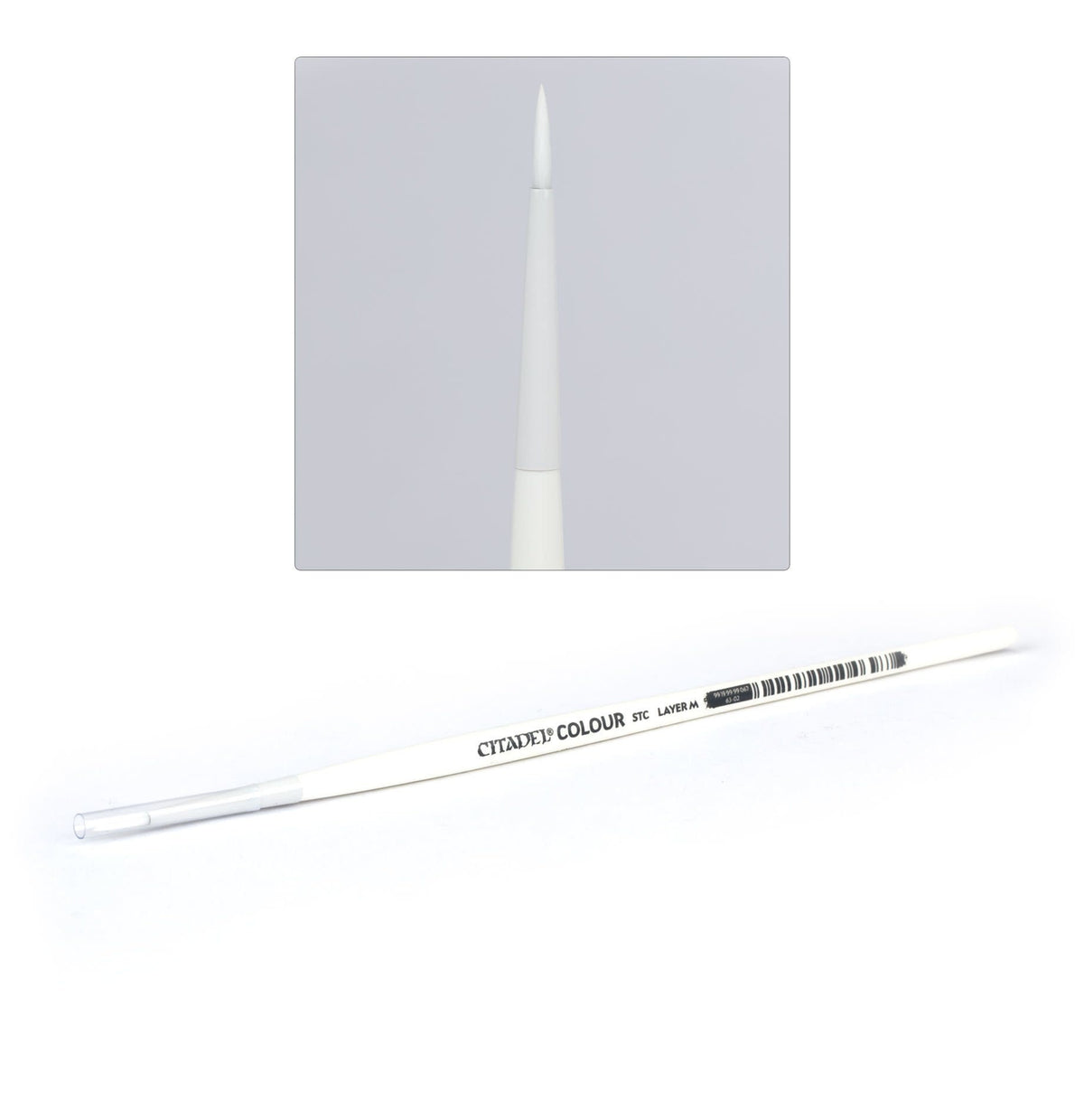 A white Citadel layer brush lies diagonally across a white background, with a close-up inset showing its fine pointed white bristles. The handle is printed with “CITADEL COLOUR” and smaller dark lettering.