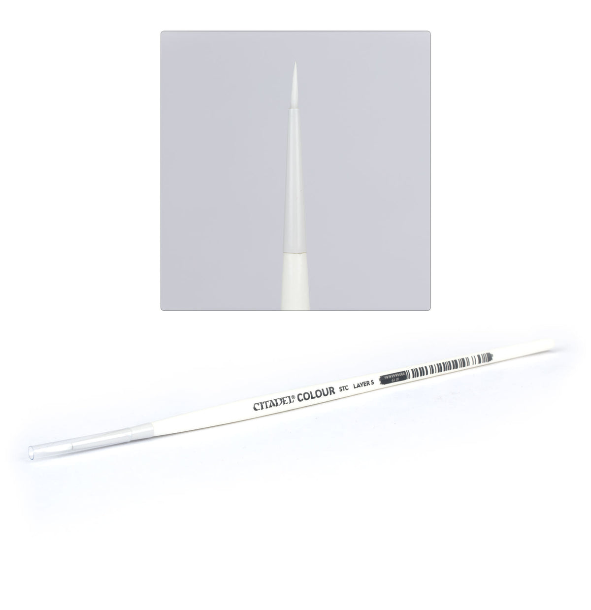 A slim white Citadel layer brush lies diagonally, with a clear cap over the handle end; an inset shows its fine pointed white tip upright. Gray handle lettering reads “CITADEL COLOUR” and “STC LAYERS.”