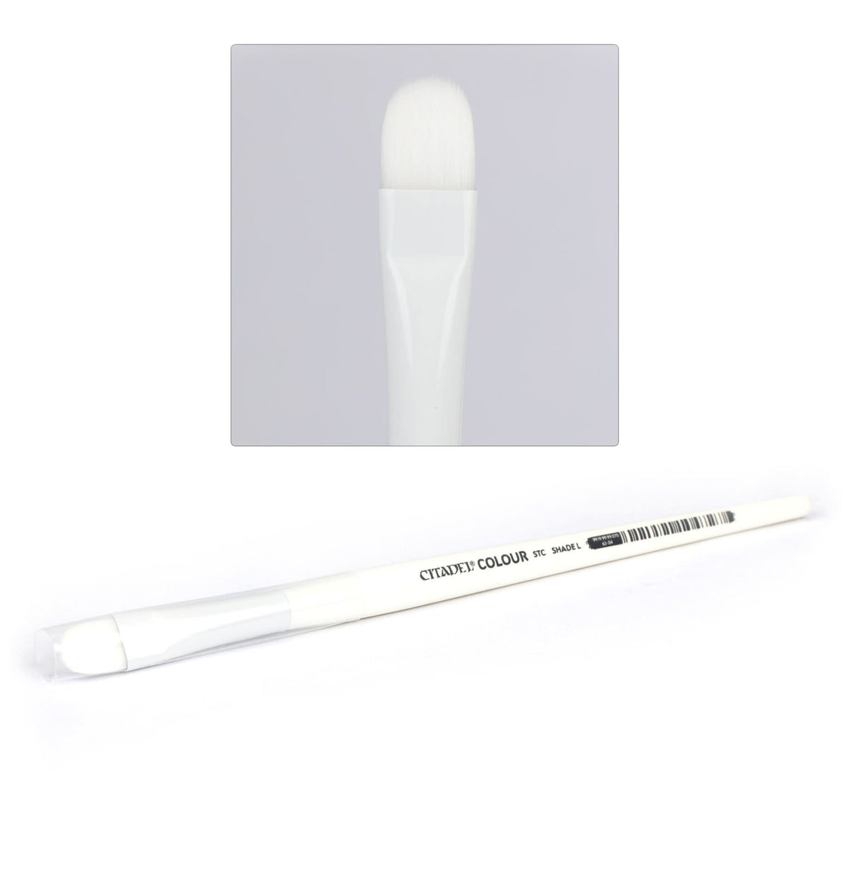 Large white shade brush shown diagonally with a long handle and rounded, fluffy bristles; an inset close-up shows the bristle head. The handle is printed with “CITADEL COLOUR STC SHADE L” and a barcode.