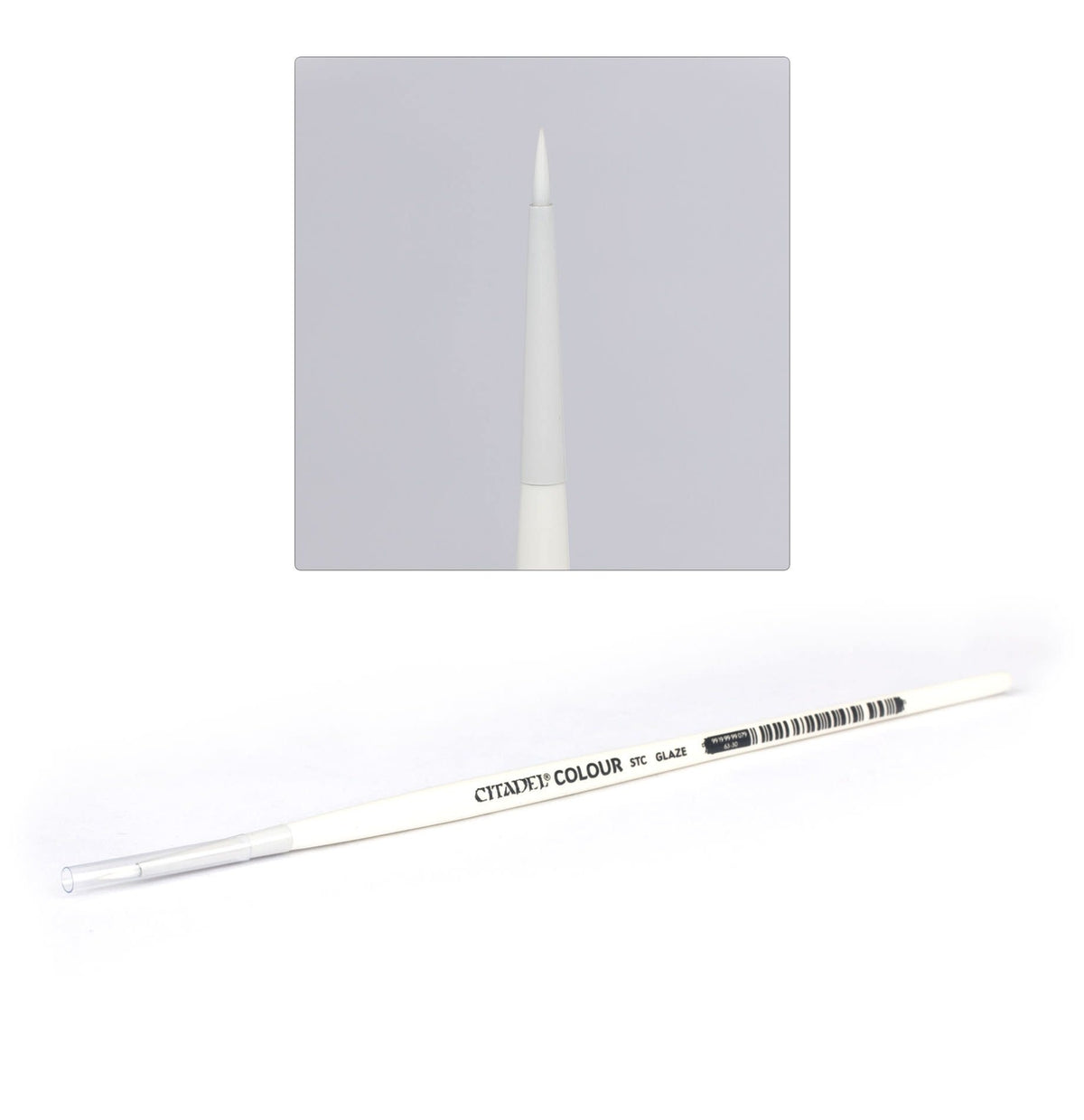A slim white Citadel glaze brush lies diagonally on a white background, with a pointed white tip shown close up in an inset. The handle reads “CITADEL COLOUR STC GLAZE” in dark lettering and has a barcode beside it.