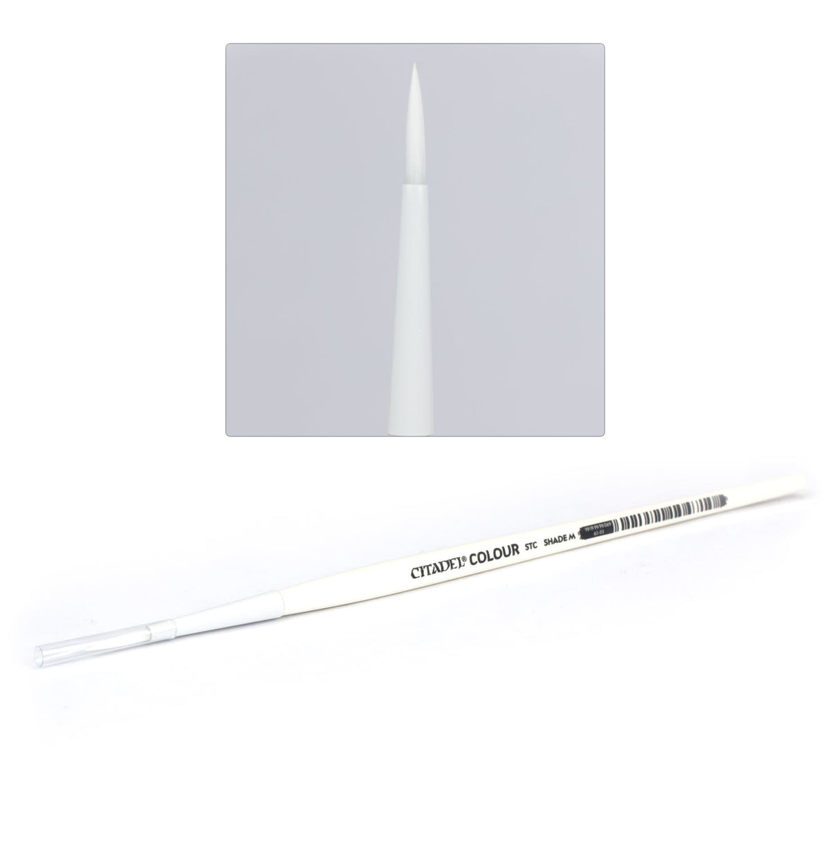 A long white Citadel shade brush lies diagonally with a clear protective cap over its handle end; an inset shows the pointed white bristles upright in close-up. The handle reads “CITADEL COLOUR” and “STC SHADE M.”