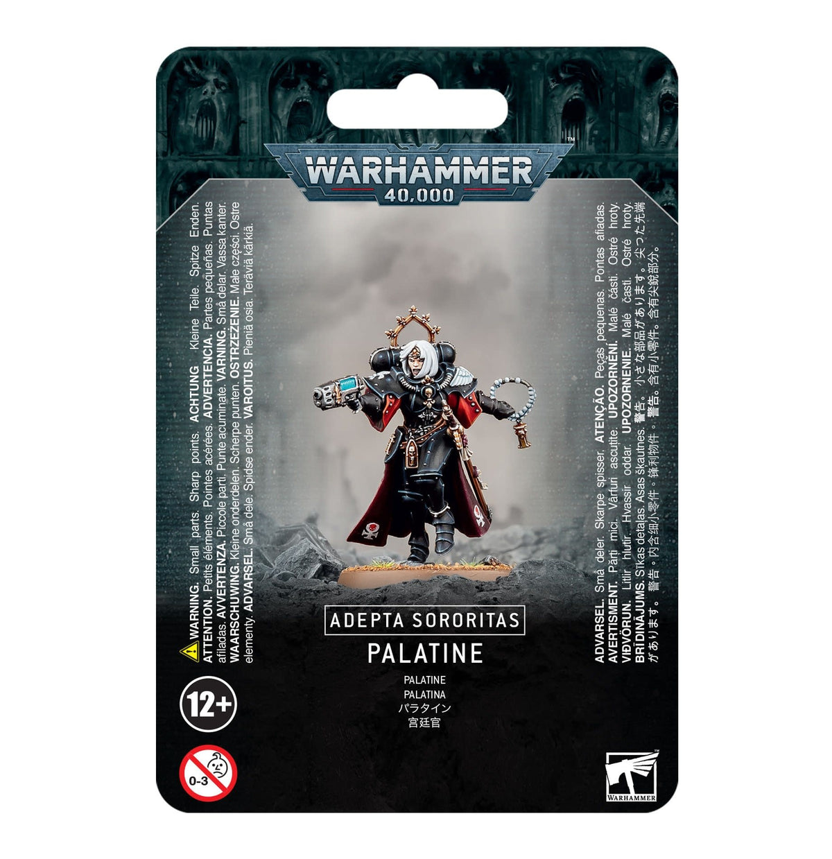 A painted Adepta Sororitas Palatine miniature stands centered on dark Warhammer 40,000 packaging, wearing black armor with red-and-white details and holding weapons. The card reads “WARHAMMER 40,000” and “ADEPTA SORORITAS PALATINE.”
