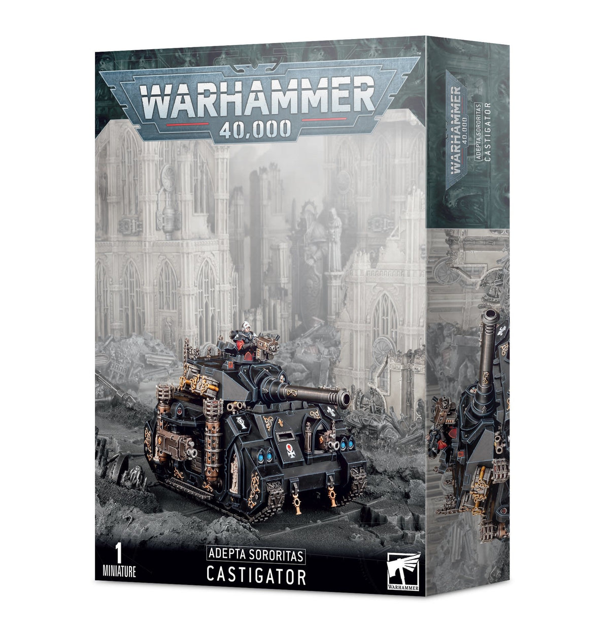 Box for the Adepta Sororitas Castigator miniature, shown from the front and right side. The artwork features a dark armored tank with a long cannon, gold ornamentation and a small figure against a grayscale gothic backdrop; the box reads “WARHAMMER 40,000” and “ADEPTA SORORITAS CASTIGATOR”.