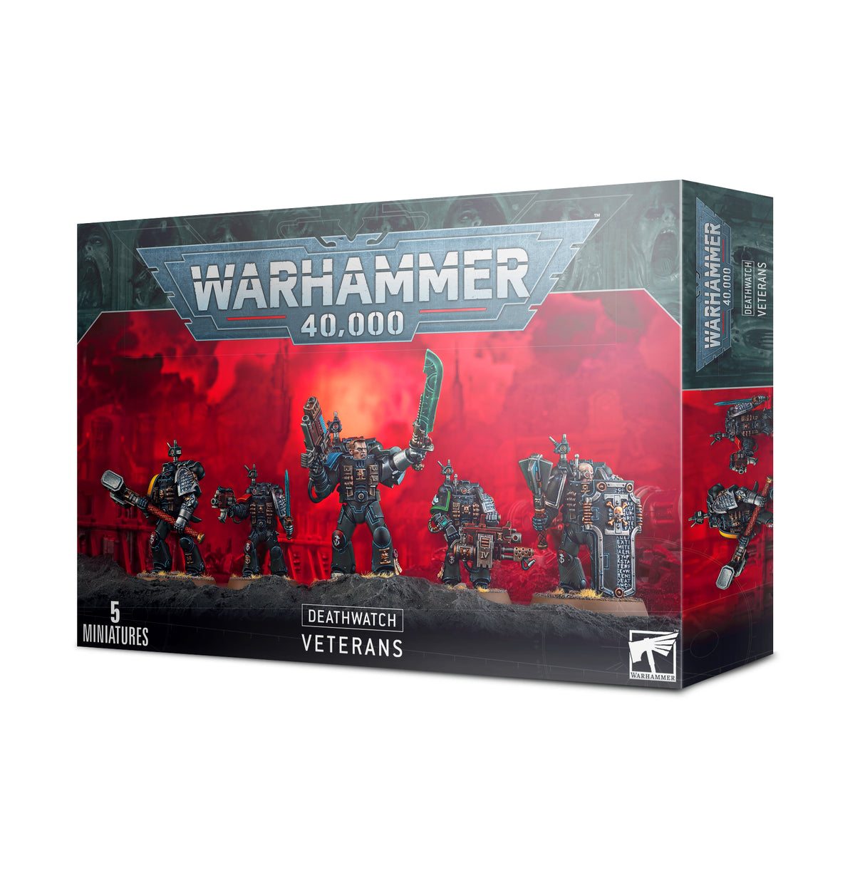 Boxed Deathwatch Veterans miniature set, shown from the front and right side. The box art depicts five dark-armored sci-fi soldiers against a red smoky background, with “WARHAMMER 40,000,” “DEATHWATCH VETERANS,” and “5 MINIATURES” on the front.