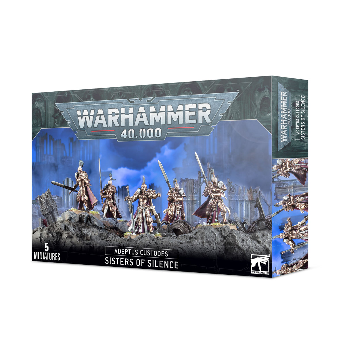 Warhammer 40,000: Adeptus Custodes Sisters of Silence miniature set box, shown from the front and right side. The artwork features five silver-armored figures wielding swords against a blue ruined-city backdrop; the front reads “WARHAMMER 40,000” and “SISTERS OF SILENCE.”
