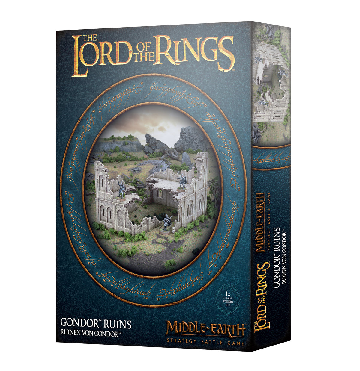 Dark teal game box with gold lettering and an oval scene of pale stone Gondor ruins, greenery and miniature figures on the front; the narrow side shows more terrain artwork and vertical title text. Visible text includes “THE LORD OF THE RINGS,” “GONDOR RUINS” and “MIDDLE-EARTH STRATEGY BATTLE GAME.”