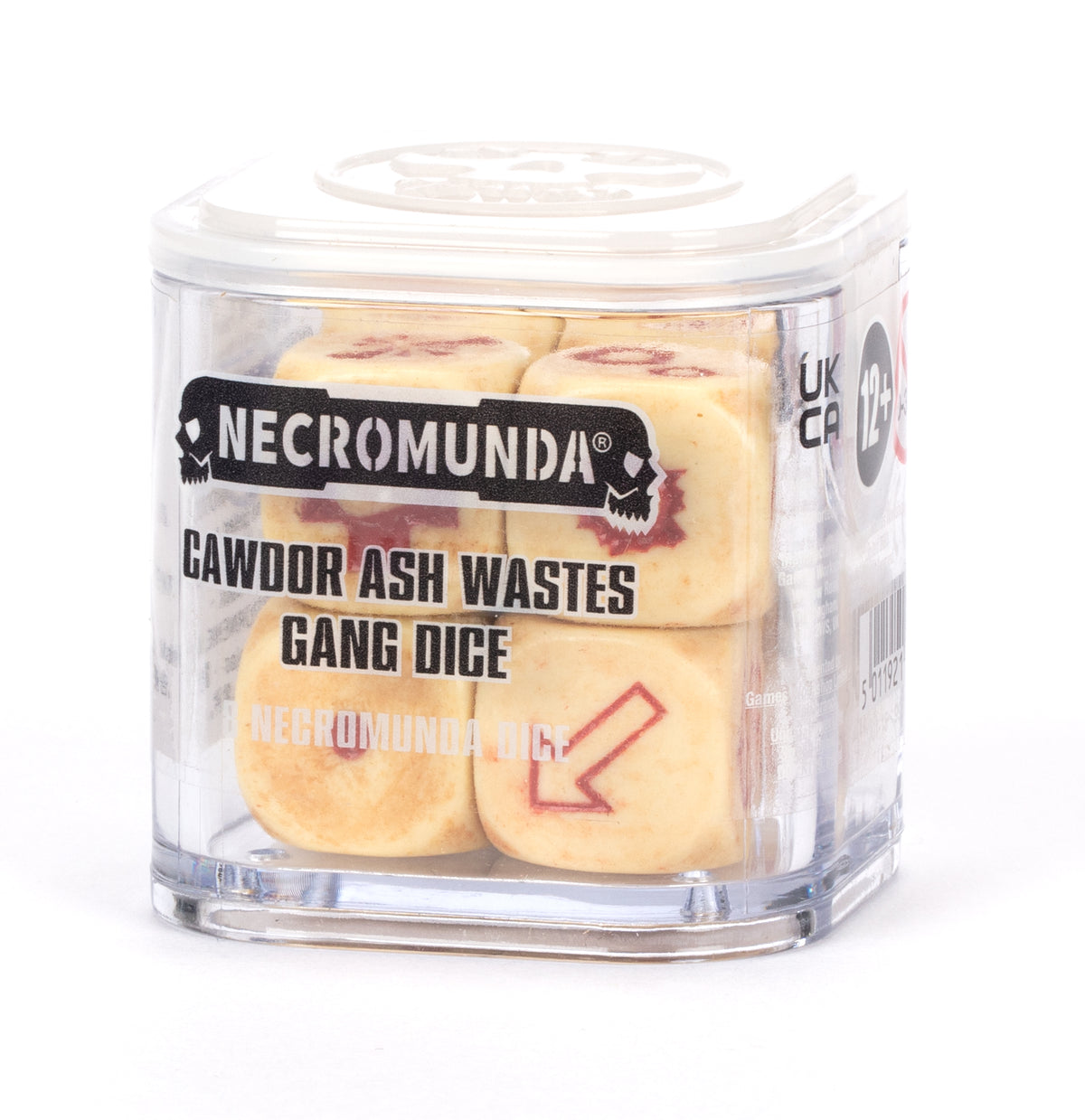 A clear rounded case holds several pale cream dice with red symbols, including an outlined arrow. The front is labeled “NECROMUNDA” and “CAWDOR ASH WASTES GANG DICE.”