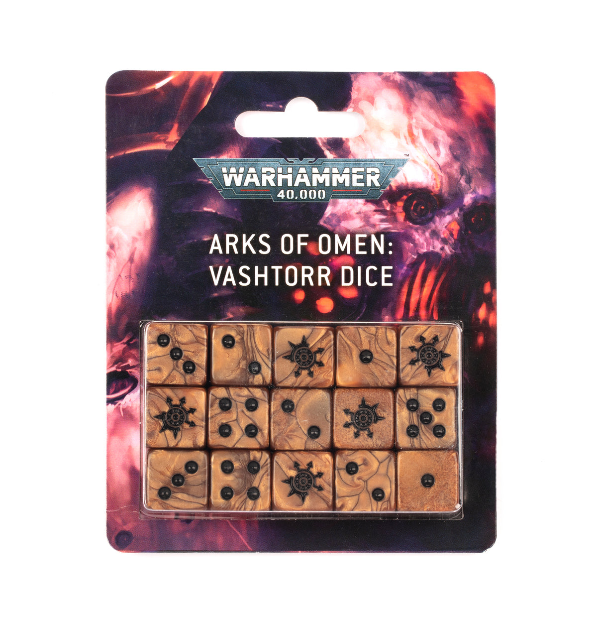 A blister pack holds 15 square amber-tan dice with marbled patterns, black pips and emblem faces, against dark red and purple fantasy artwork. The card reads “WARHAMMER 40,000” and “ARKS OF OMEN: VASHTORR DICE.”