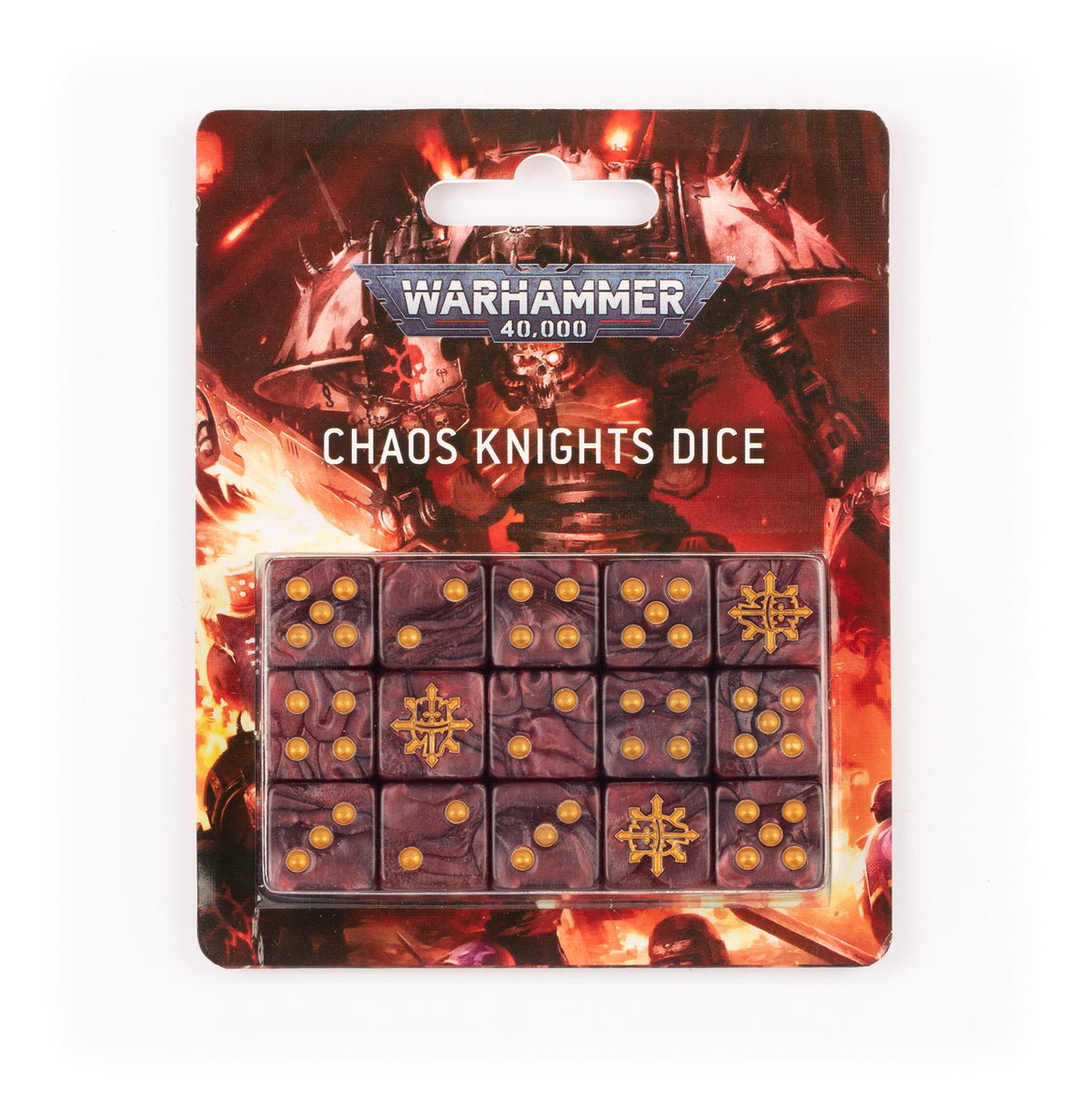 Front of a Chaos Knights dice pack with 15 dark red, marbled dice arranged in a clear tray; the dice have gold pips and several display a gold emblem. Fiery red-and-black character artwork surrounds the text “WARHAMMER 40,000” and “CHAOS KNIGHTS DICE.”