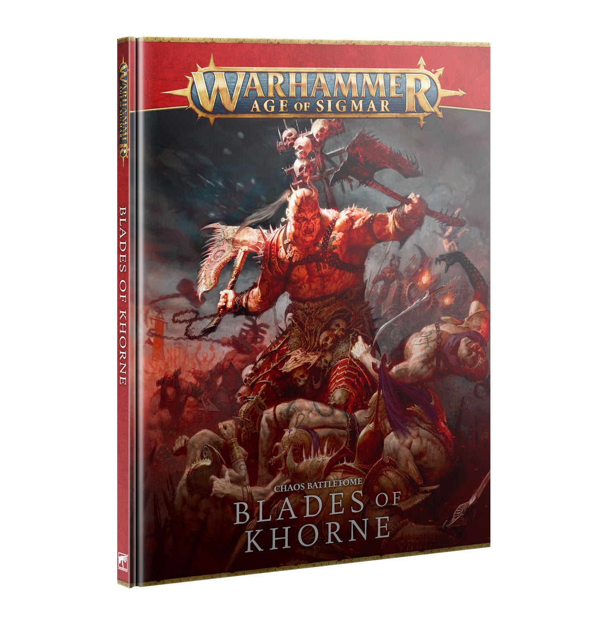 Hardcover Battletome: Blades of Khorne shown from the front with its red spine visible. The dark red and gray cover depicts a muscular horned warrior amid a battle scene and reads “WARHAMMER AGE OF SIGMAR” and “CHAOS BATTLETOME BLADES OF KHORNE.”