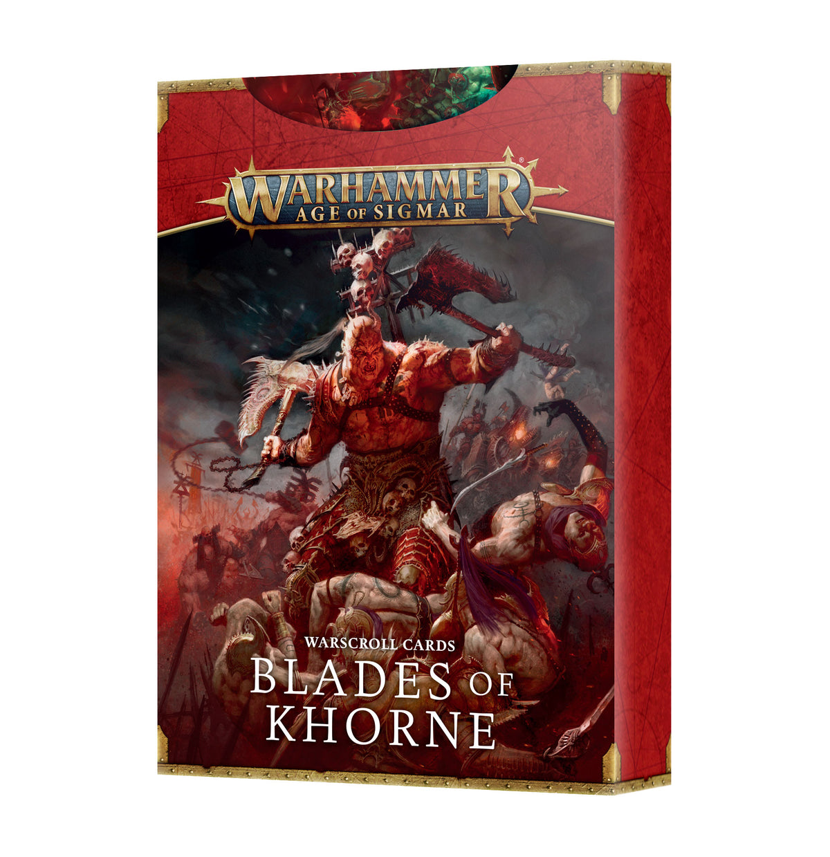 Front of a red, gold-trimmed Blades of Khorne Warscroll Cards box, shown at a slight angle with its right side visible. Battle artwork features a muscular horned warrior; the cover reads “WARHAMMER AGE OF SIGMAR,” “WARSCROLL CARDS,” and “BLADES OF KHORNE.”