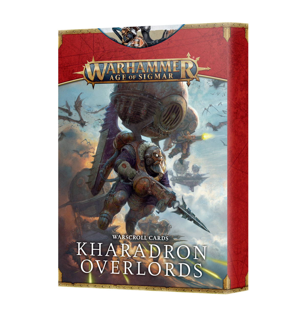 A red-and-gold bordered package for Kharadron Overlords Warscroll Cards, illustrated with armored fantasy warriors beneath a large airship. The cover reads “WARHAMMER AGE OF SIGMAR,” “WARSCROLL CARDS” and “KHARADRON OVERLORDS.”