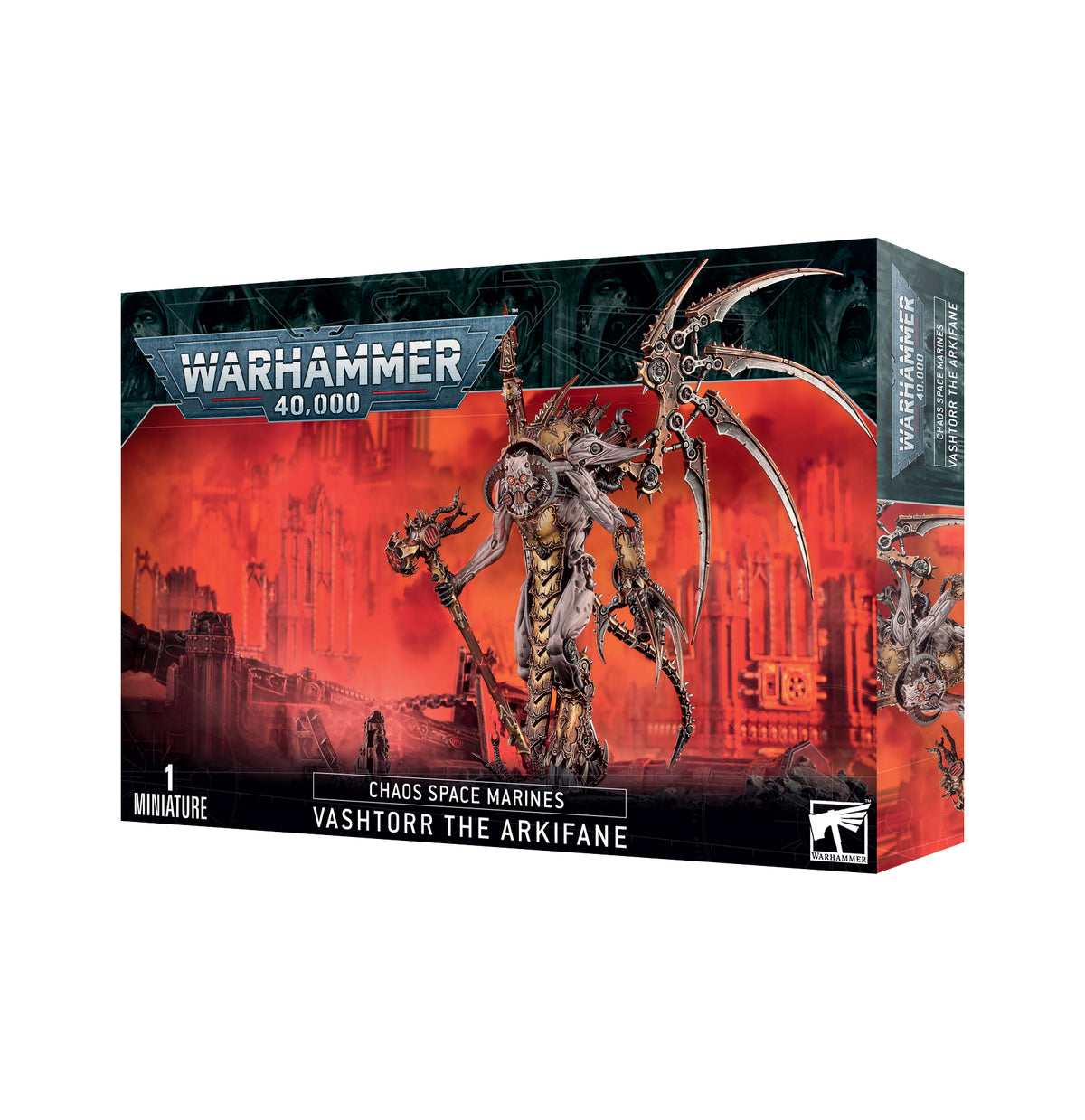 Warhammer 40,000 miniature box on a white background, showing a horned, mechanical winged figure against a fiery red industrial scene. The front reads “CHAOS SPACE MARINES” and “VASHTORR THE ARKIFANE,” with “1 MINIATURE” at lower left.