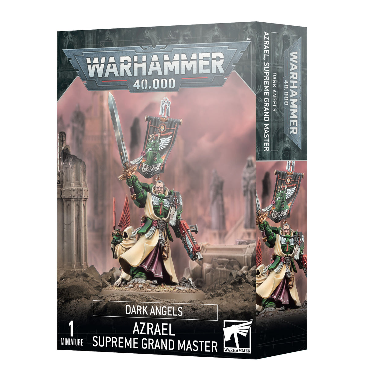 Box for a Warhammer 40,000 Azrael miniature, shown from the front and right side. The artwork depicts a green-armored figure in a cream cloak raising a sword beside a banner; the box reads “WARHAMMER 40,000,” “DARK ANGELS,” and “AZRAEL SUPREME GRAND MASTER.”