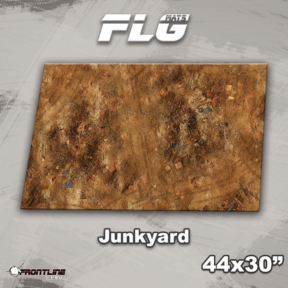 Rectangular gaming mat shown flat, printed with a mottled rusty-brown junkyard surface, scattered debris and small metal grates. The graphic reads “FLG MATS,” “Junkyard” and “44x30”,” with a Frontline Gaming logo below.