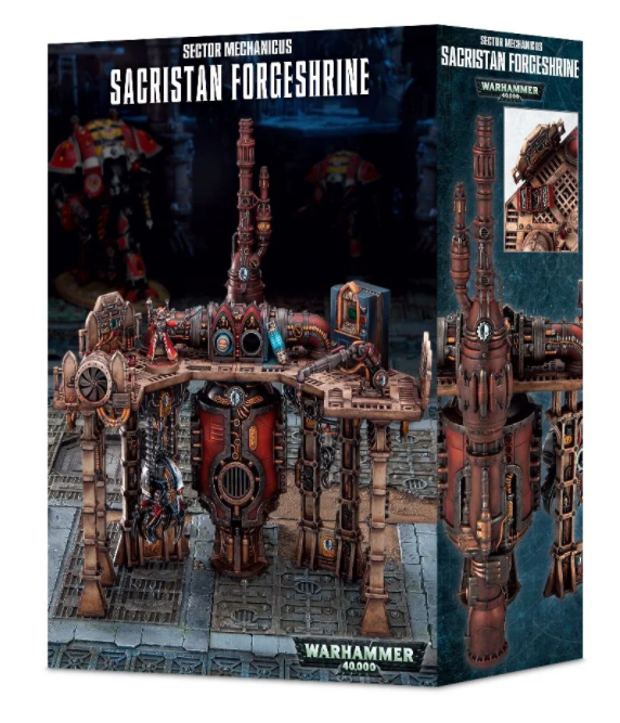 Box for the Warhammer 40,000 Sacristan Forgeshrine, showing a tall industrial terrain structure with platforms, pipes and machinery in dark red, bronze and gray. The front reads “SACRISTAN FORGESHRINE”; the right panel shows a close-up view and “WARHAMMER 40,000”.