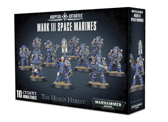 Black box shown at an angle, with blue-and-gold armored Space Marine miniatures pictured across the front and one on the side. The front reads “MARK III SPACE MARINES” and “10 CITADEL MINIATURES.”