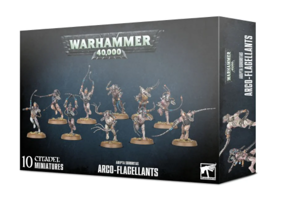 Dark gray Warhammer 40,000 box showing ten detailed Arco-Flagellant miniatures with weapons on round bases. The front reads “10 CITADEL MINIATURES” and “ARCO-FLAGELLANTS”; the box side repeats the product name.