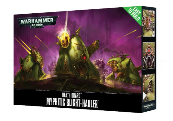 Warhammer 40,000 miniature kit box shown at an angle, with purple artwork of three hulking green armored machines and smaller detail images along the right side. The front reads “DEATH GUARD” and “MYPHITIC BLIGHT-HAULER,” with a green “EASY TO BUILD” label.