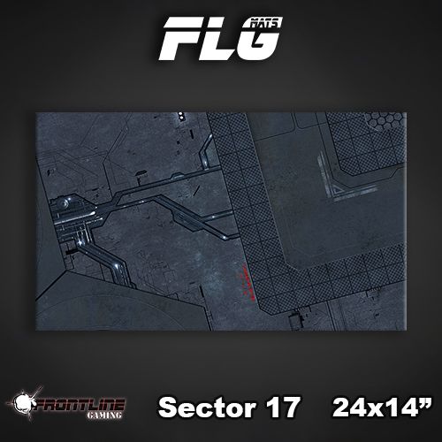 A rectangular gaming mat displays a dark charcoal sci-fi floor design with angular metal panels, grid textures and small red markings. The graphic is labeled “Sector 17” and “24x14”,” with “FLG” above and a Frontline Gaming logo below.