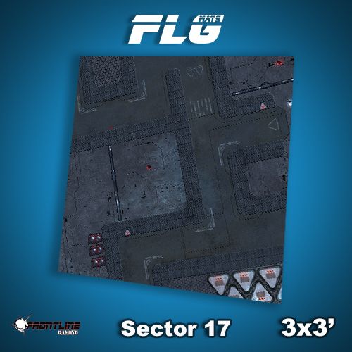 A dark gray gaming mat shown at an angle, printed with a futuristic urban layout of gridded panels, lanes, small red markings and triangular details against a blue background. The graphic reads “FLG,” “Sector 17” and “3x3’.”